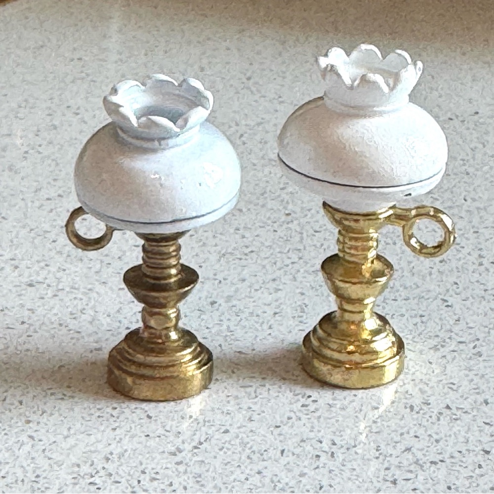 Pair Of Miniature Dollhouse Victorian Parlour  Desk Lamp ~ Metal 1 5/8" high